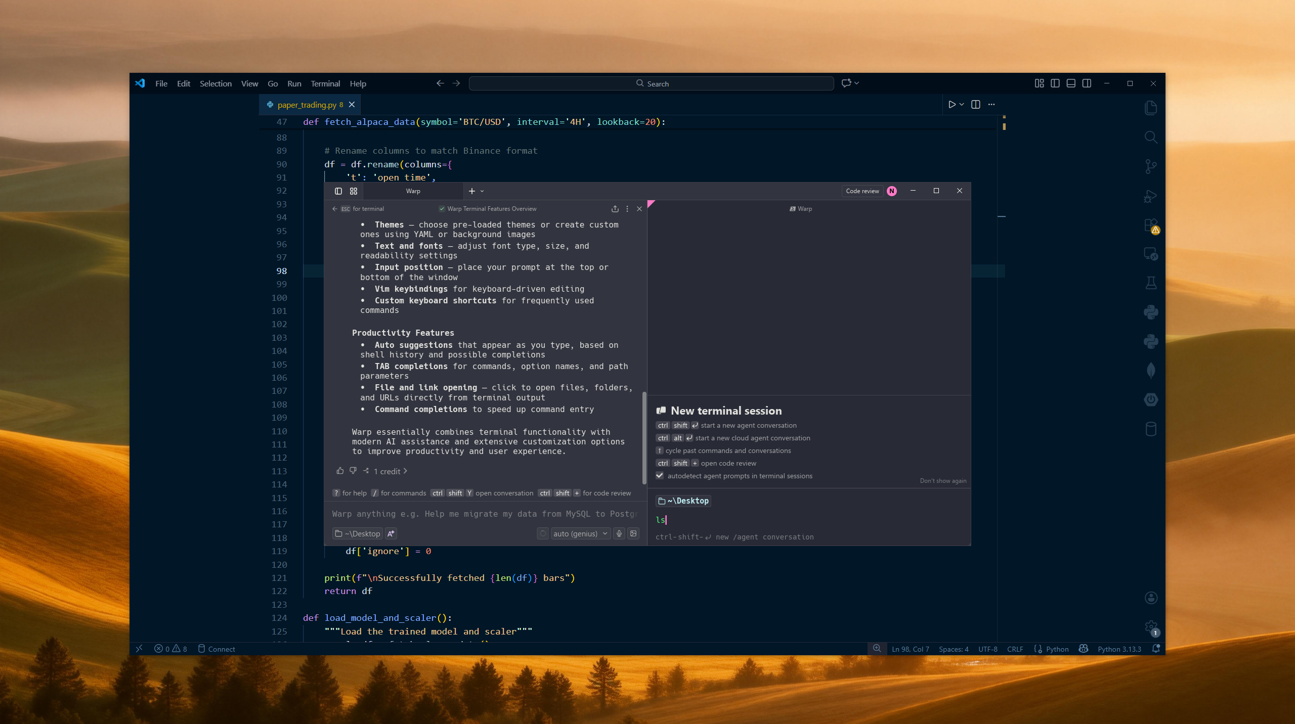 Warp Global Hotkey floating over VS Code